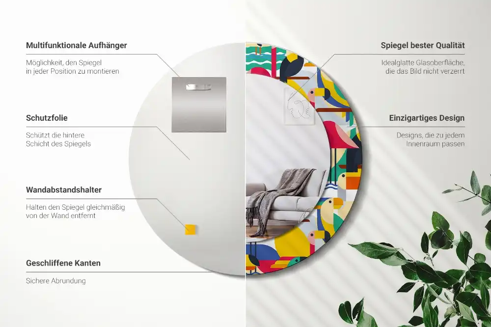 Tiskano okroglo ogledalo Geometrične tropske ptice