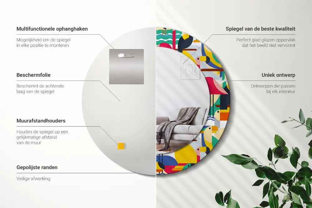 Tiskano okroglo ogledalo Geometrične tropske ptice