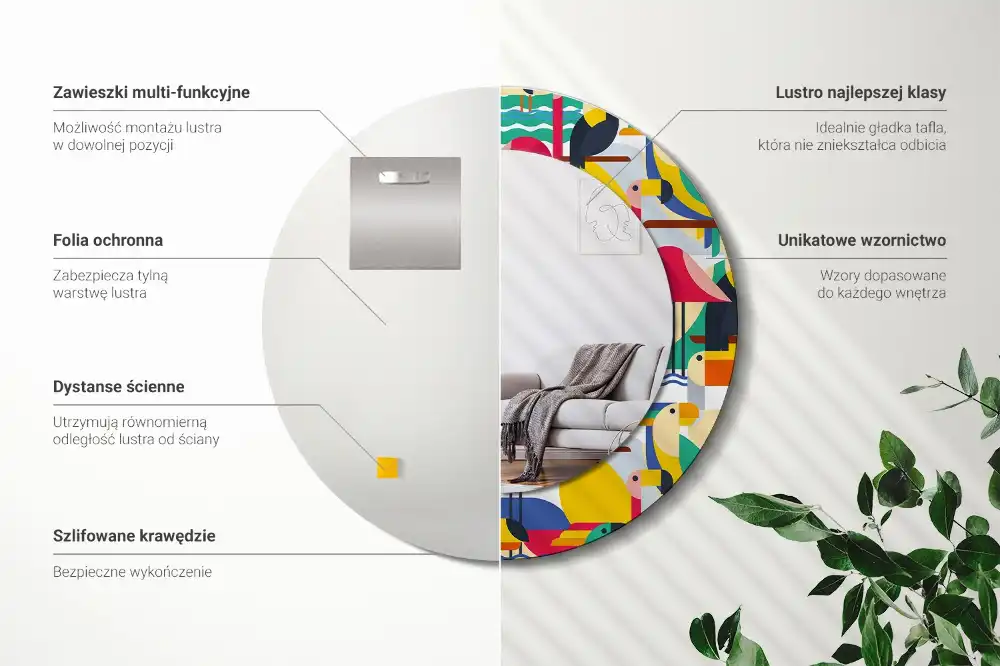 Tiskano okroglo ogledalo Geometrične tropske ptice