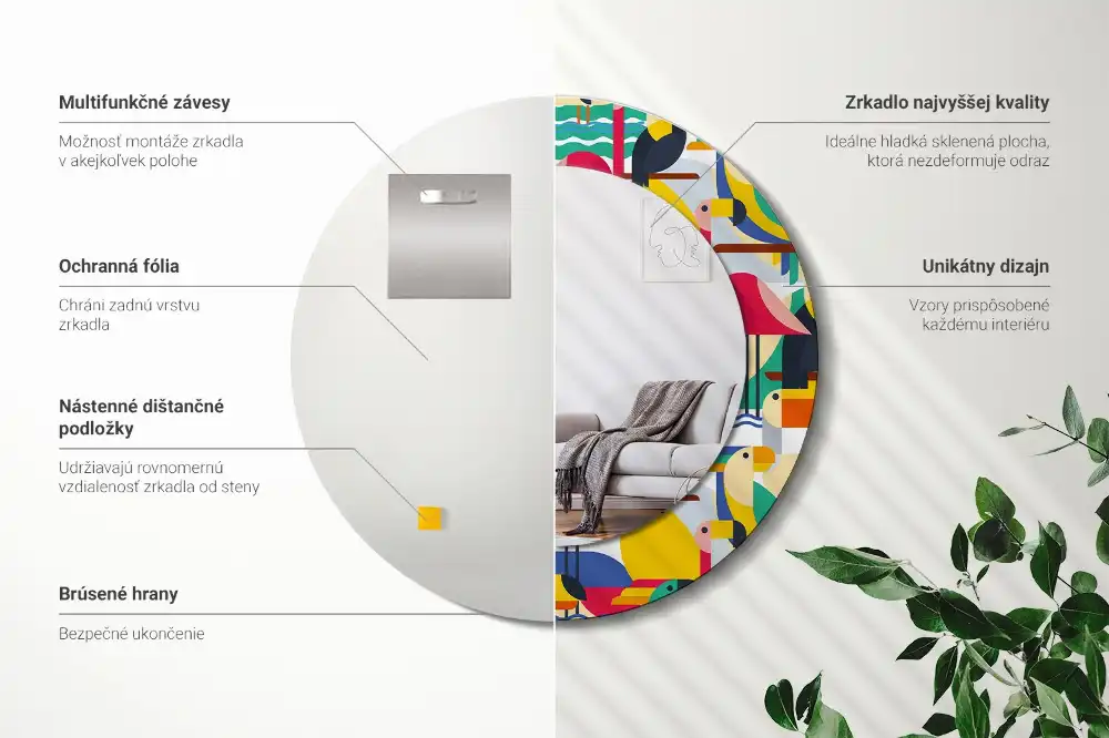 Tiskano okroglo ogledalo Geometrične tropske ptice