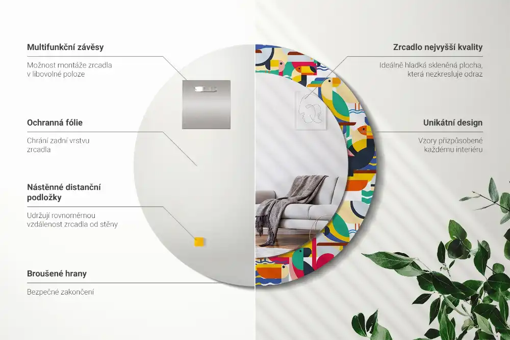 Tiskano okroglo ogledalo Geometrične tropske ptice