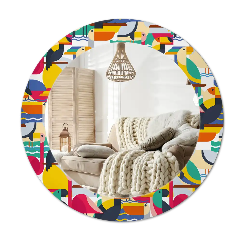 Tiskano okroglo ogledalo Geometrične tropske ptice