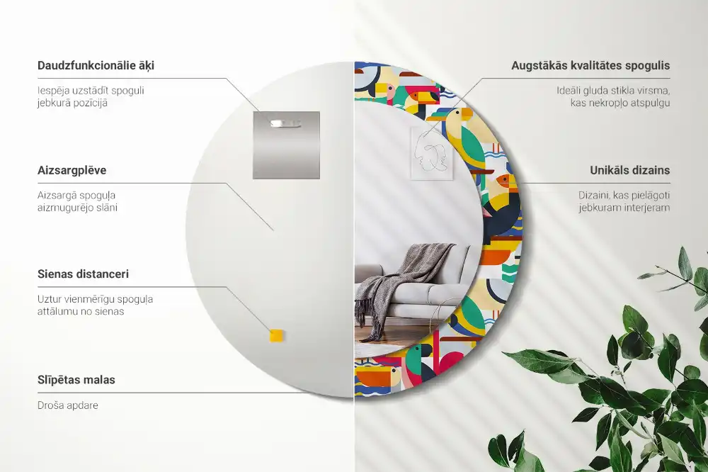 Tiskano okroglo ogledalo Geometrične tropske ptice