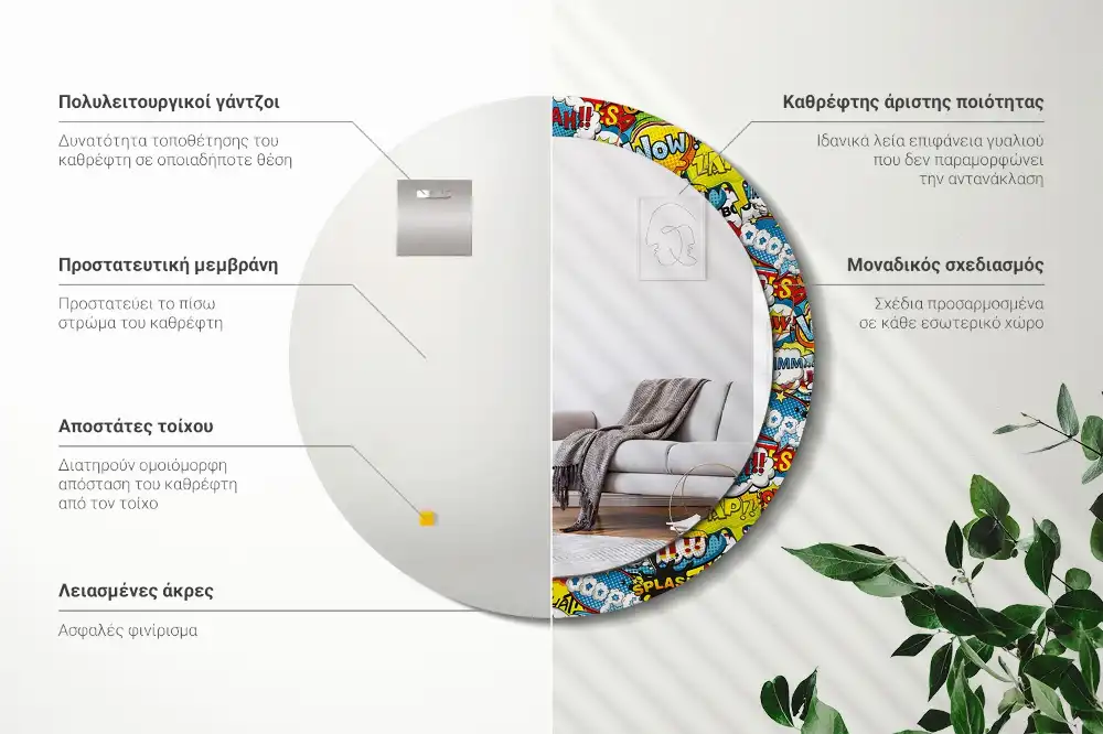 Okroglo stensko okrasno ogledalo Vzorec v slogu stripa