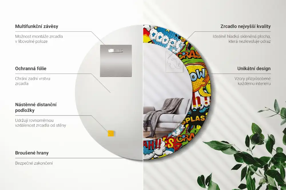 Okroglo stensko okrasno ogledalo Vzorec v slogu stripa