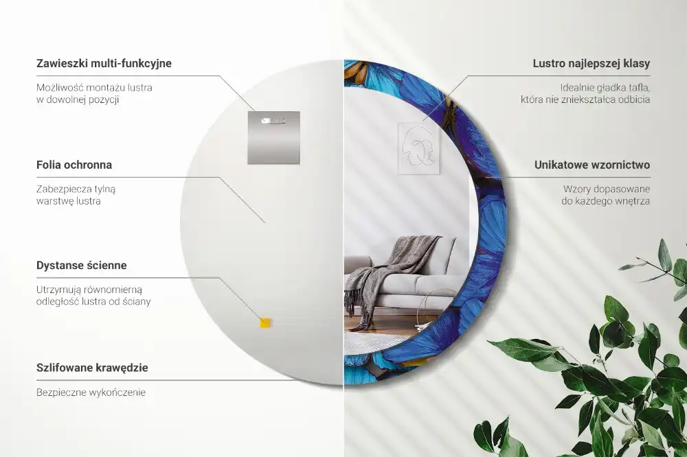 Tiskano okroglo ogledalo Modri ​​in zeleni metulj