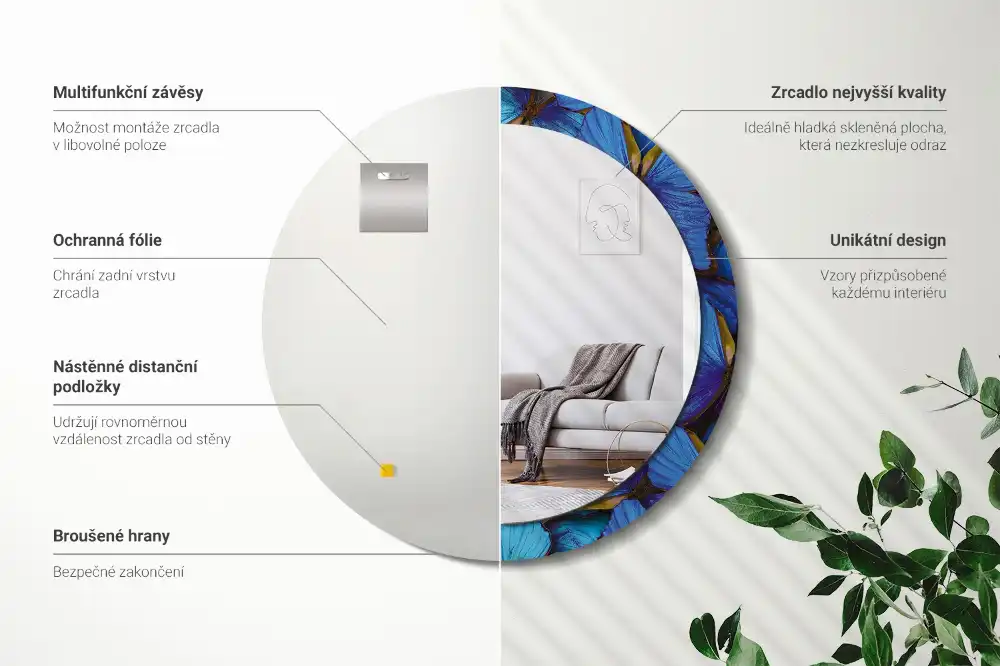 Tiskano okroglo ogledalo Modri ​​in zeleni metulj