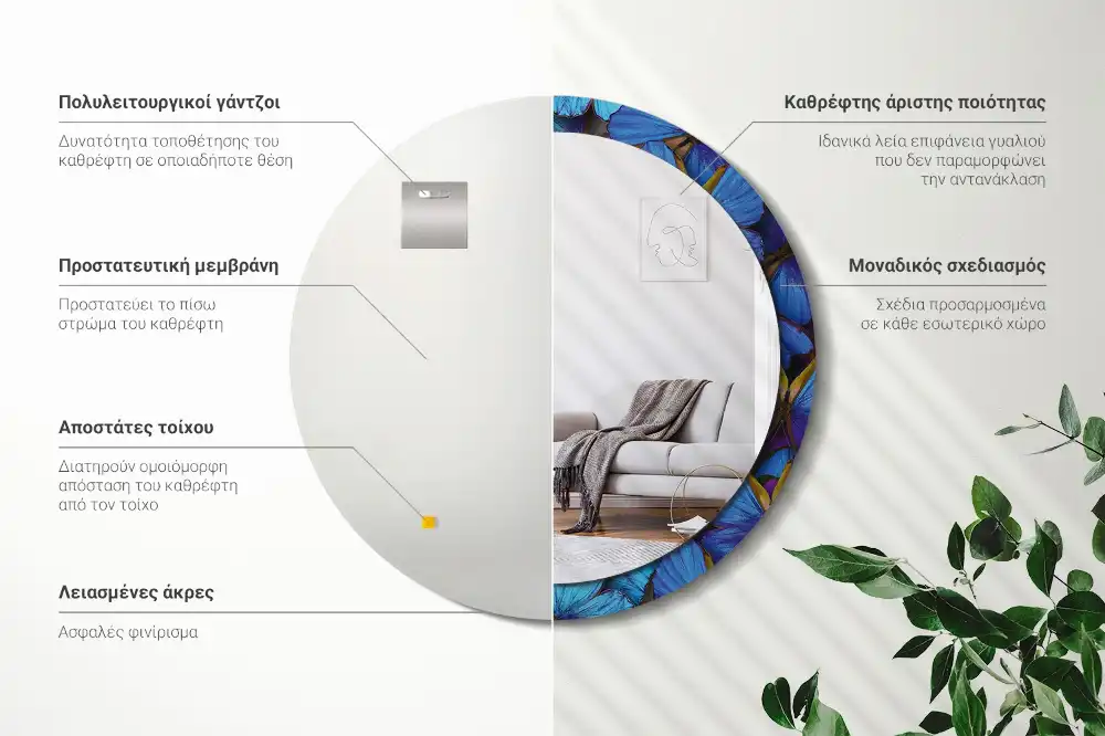 Tiskano okroglo ogledalo Modri ​​in zeleni metulj