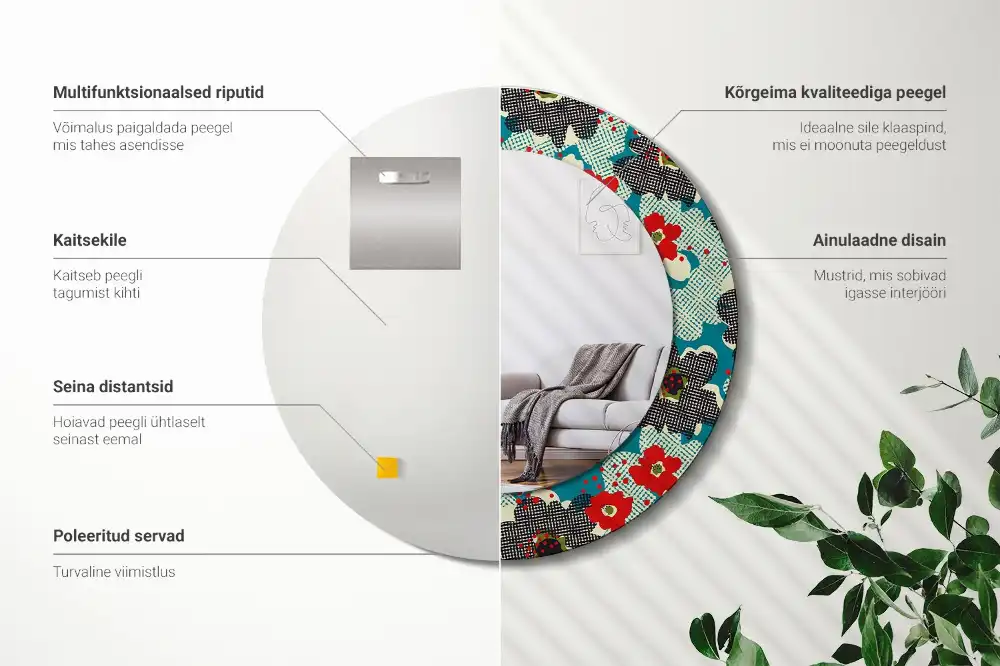 Okroglo stensko okrasno ogledalo Vzorec retro rož