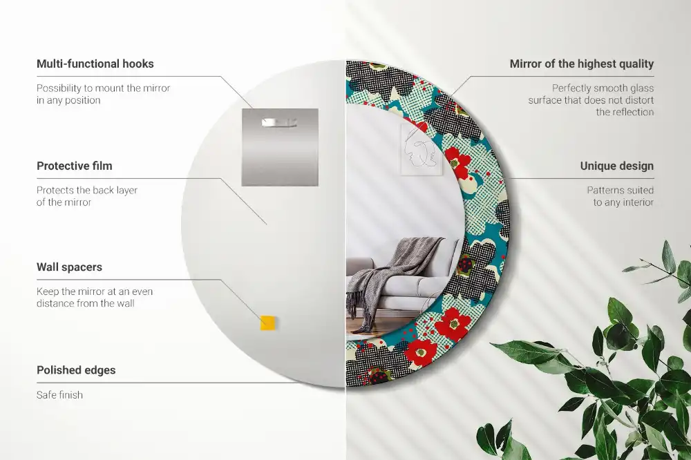 Okroglo stensko okrasno ogledalo Vzorec retro rož