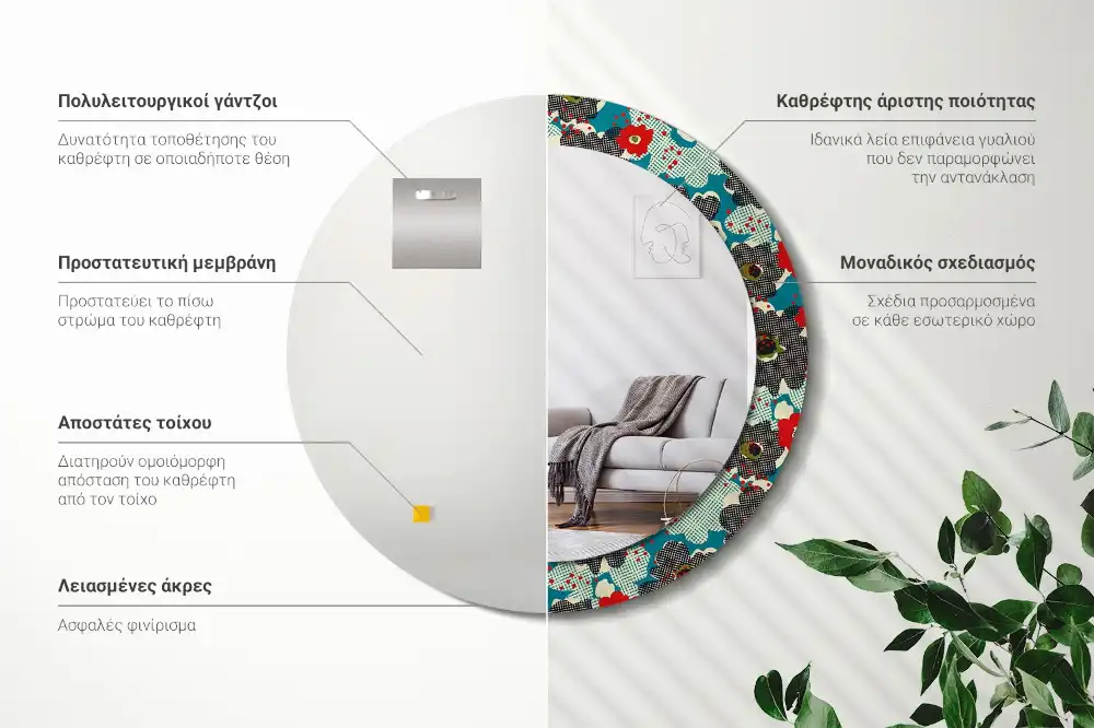 Okroglo stensko okrasno ogledalo Vzorec retro rož