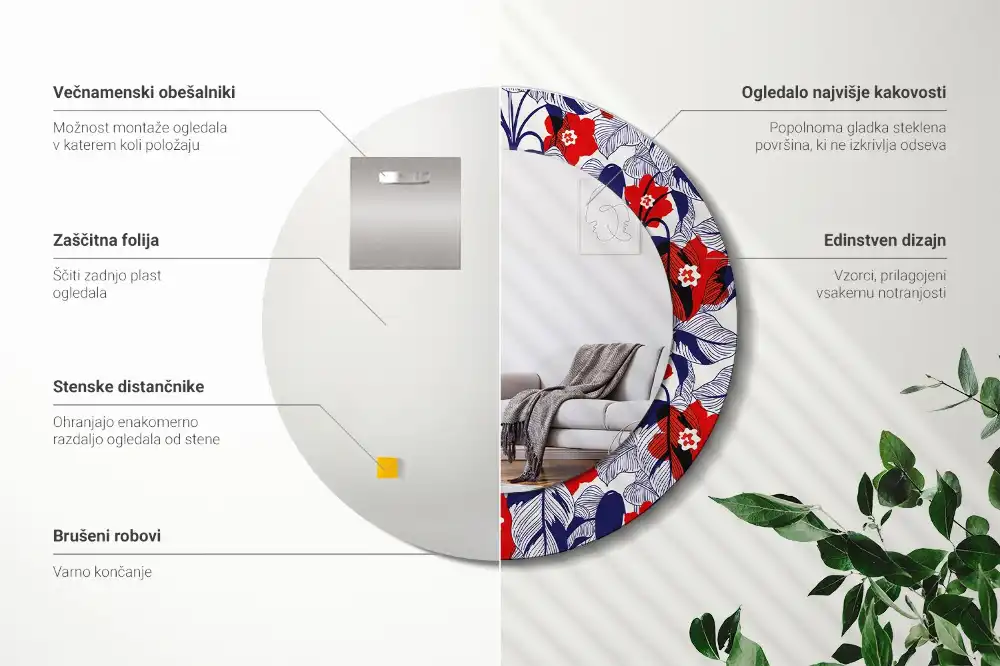 Tiskano okroglo ogledalo Filodendroni