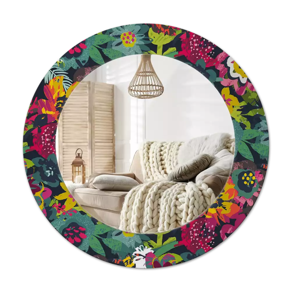 Okroglo stensko okrasno ogledalo Poslikane rože