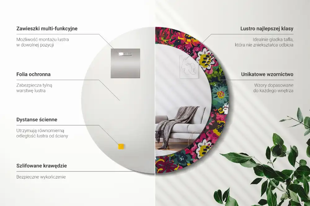 Okroglo stensko okrasno ogledalo Poslikane rože