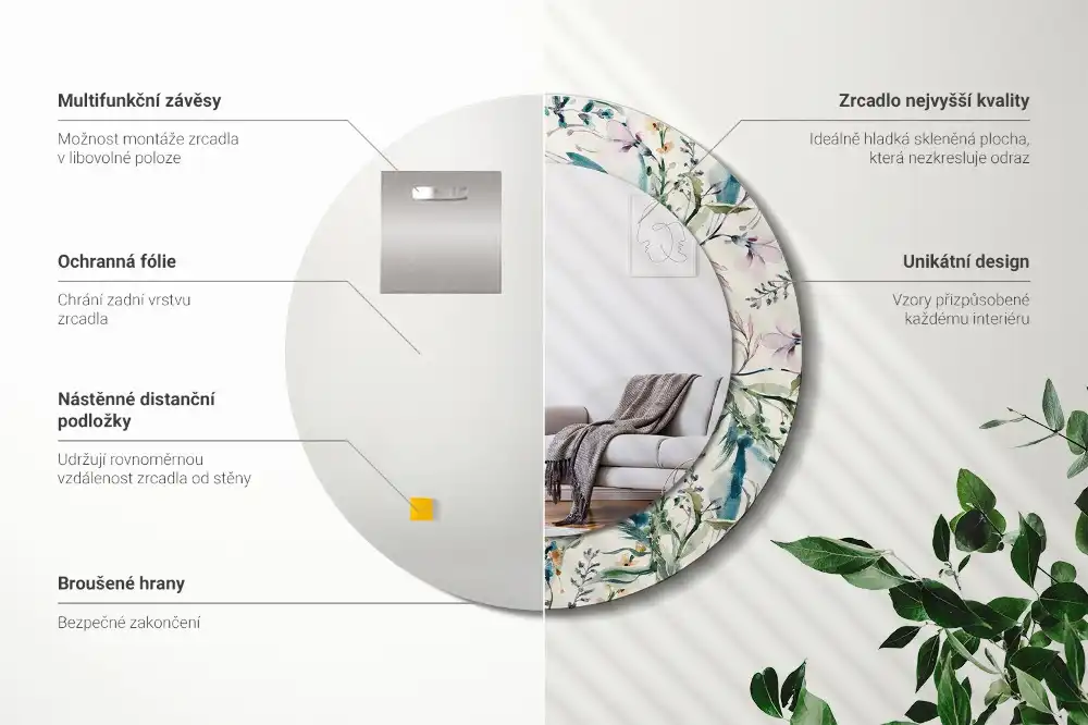 Tiskano okroglo ogledalo Akvarelne rože