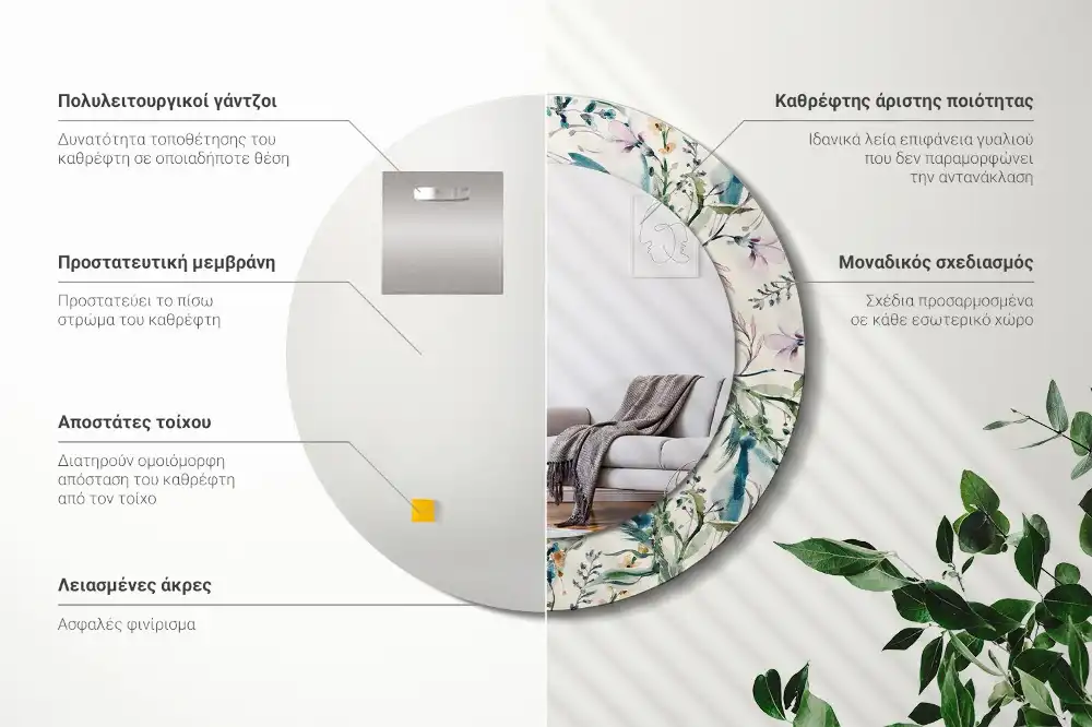 Tiskano okroglo ogledalo Akvarelne rože