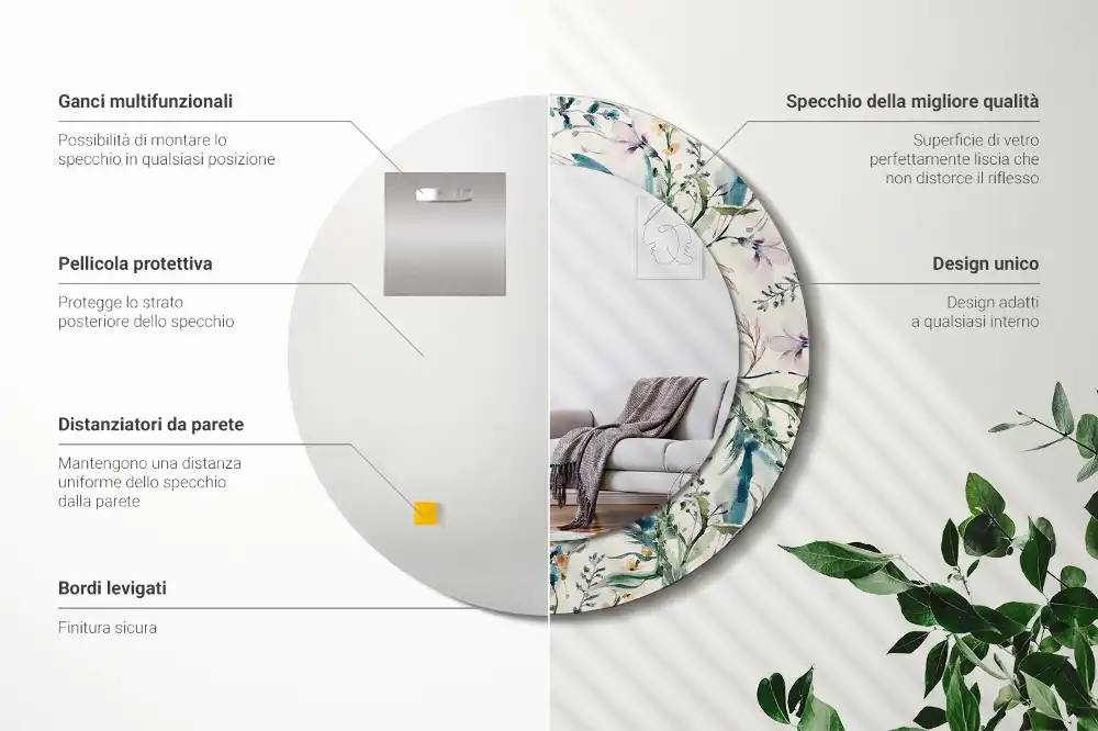 Tiskano okroglo ogledalo Akvarelne rože