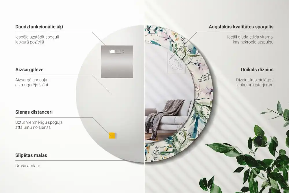 Tiskano okroglo ogledalo Akvarelne rože