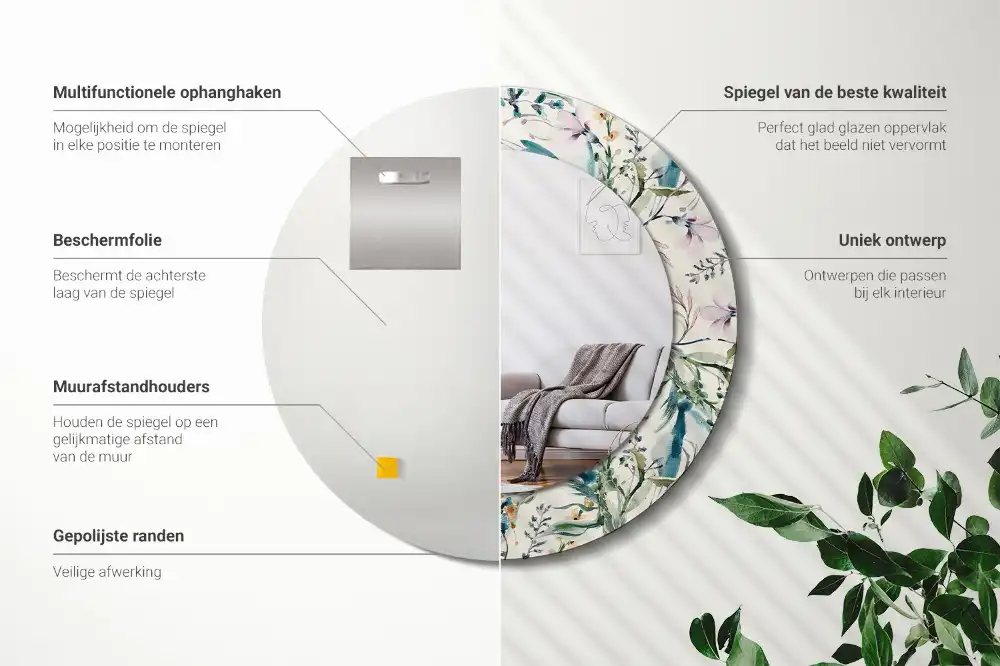 Tiskano okroglo ogledalo Akvarelne rože