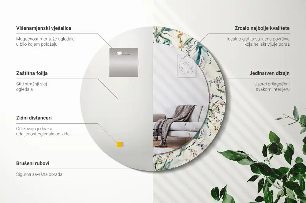 Tiskano okroglo ogledalo Akvarelne rože