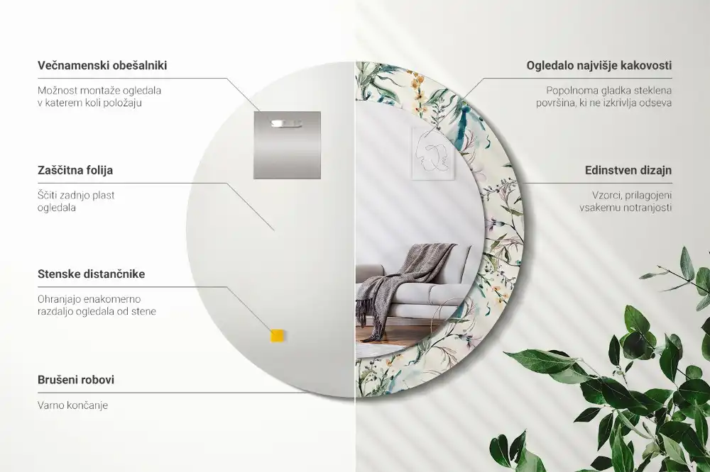 Tiskano okroglo ogledalo Akvarelne rože