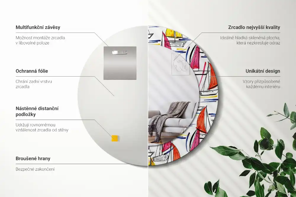 Okroglo stensko okrasno ogledalo Barviti čolni