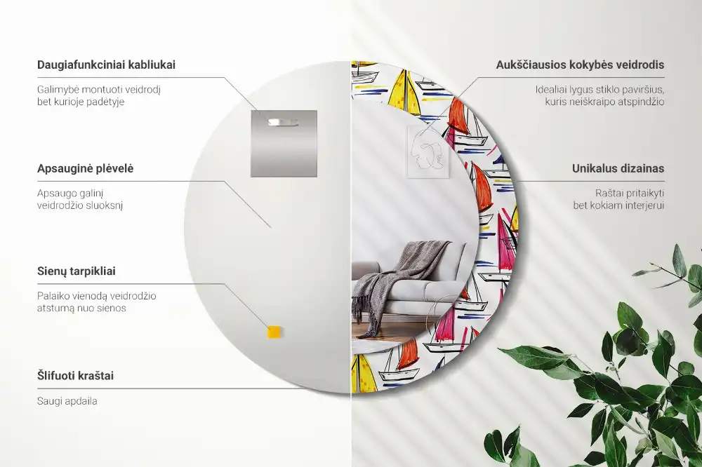 Okroglo stensko okrasno ogledalo Barviti čolni