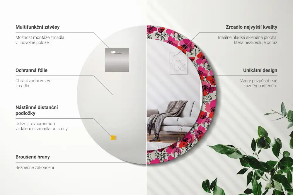 Okroglo stensko okrasno ogledalo Rožnati maki