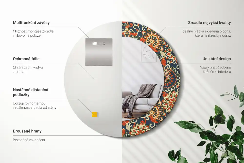 Okroglo stensko okrasno ogledalo Retro rože