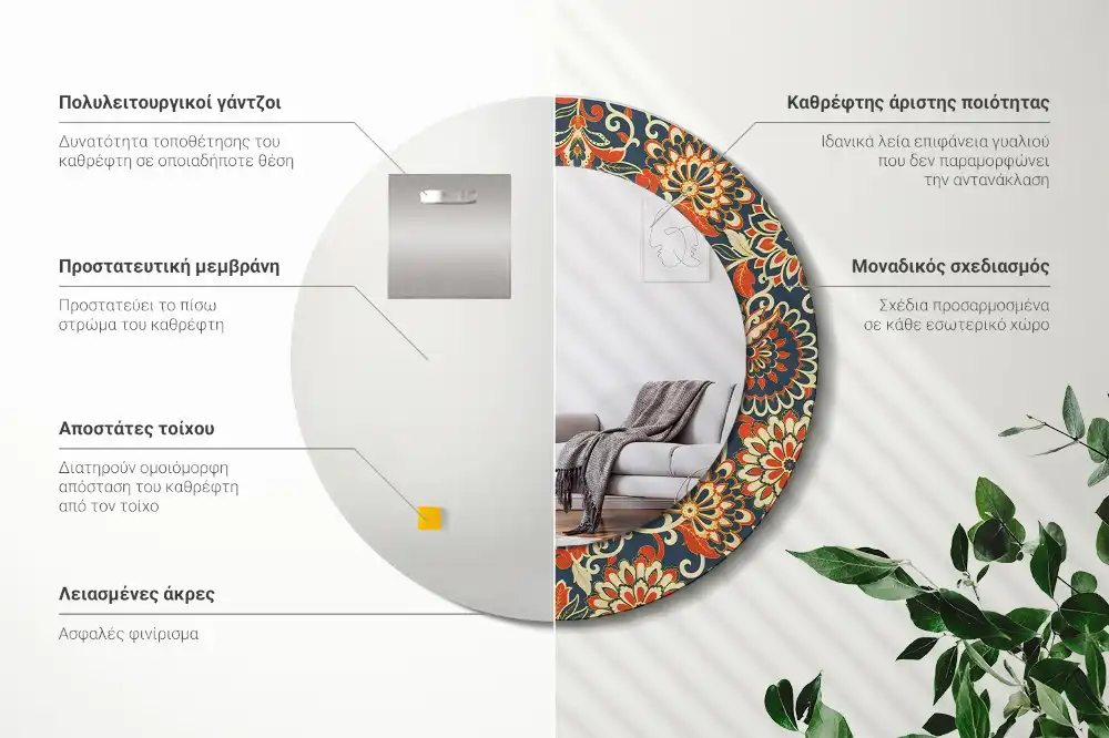 Okroglo stensko okrasno ogledalo Retro rože