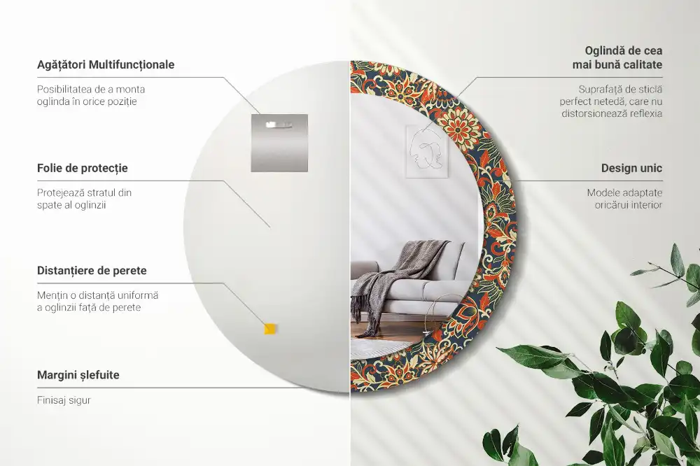 Okroglo stensko okrasno ogledalo Retro rože