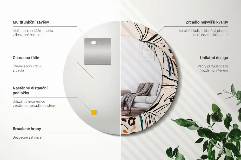 Okroglo okrasno ogledalo Cvetje z vzorcem džungle