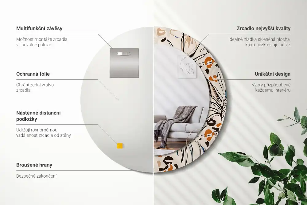 Okroglo okrasno ogledalo Cvetje z vzorcem džungle