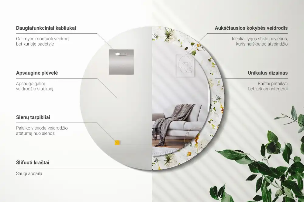 Okroglo stensko okrasno ogledalo Divje rože