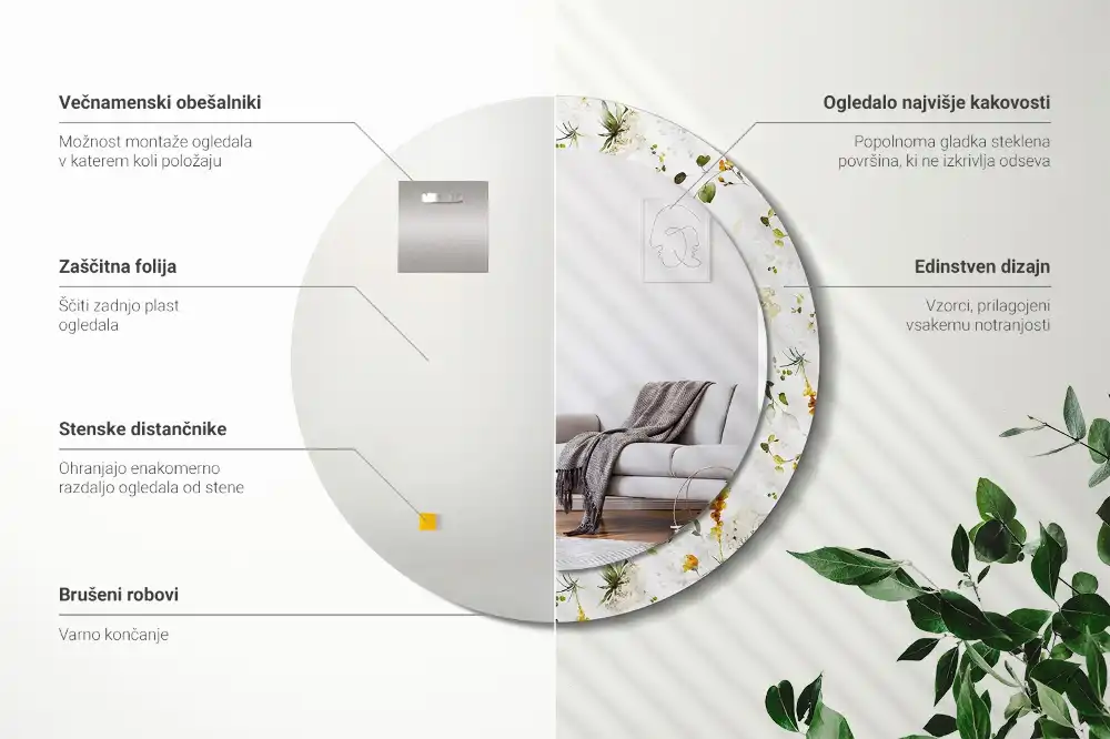 Okroglo stensko okrasno ogledalo Divje rože