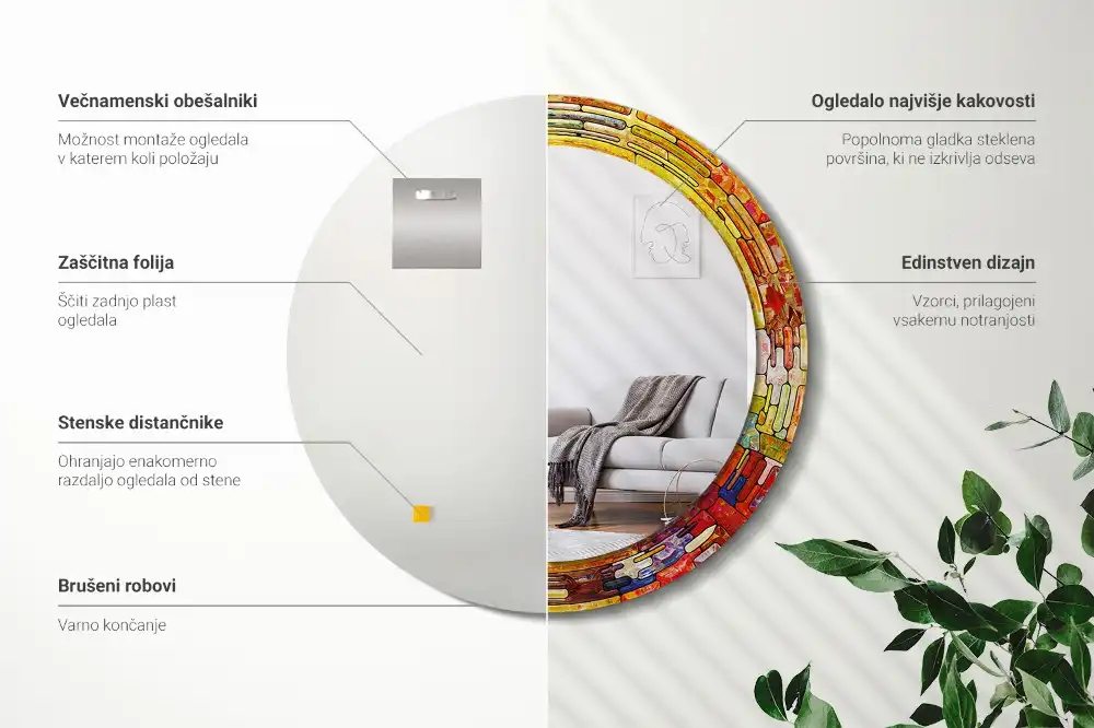 Tiskano okroglo ogledalo Barvito vitraž