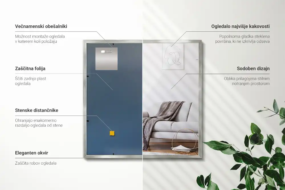 Pravokotno viseče ogledalo s srebrnim okvirjem