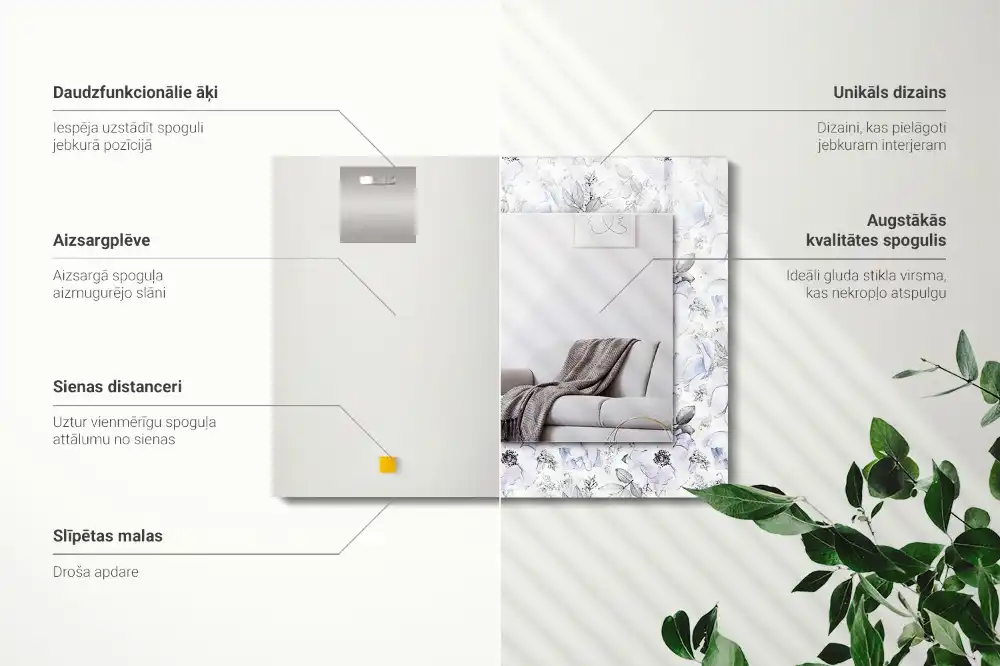 Pravokotne okrasno ogledalo Rože in listi