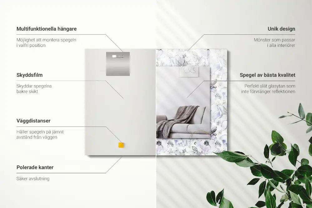 Pravokotne okrasno ogledalo Rože in listi