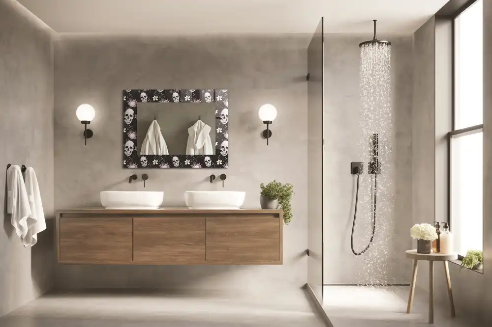 Pravokotne ogledalo s potiskanim okvirjem Lobanje in rože