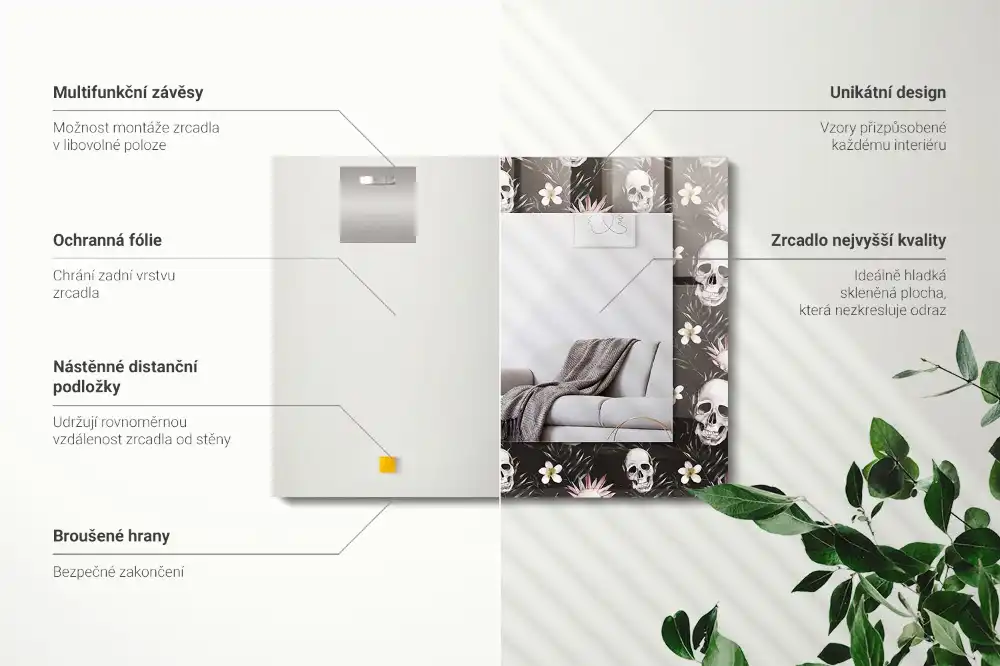 Pravokotne ogledalo s potiskanim okvirjem Lobanje in rože