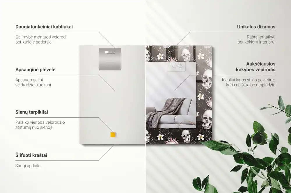 Pravokotne ogledalo s potiskanim okvirjem Lobanje in rože