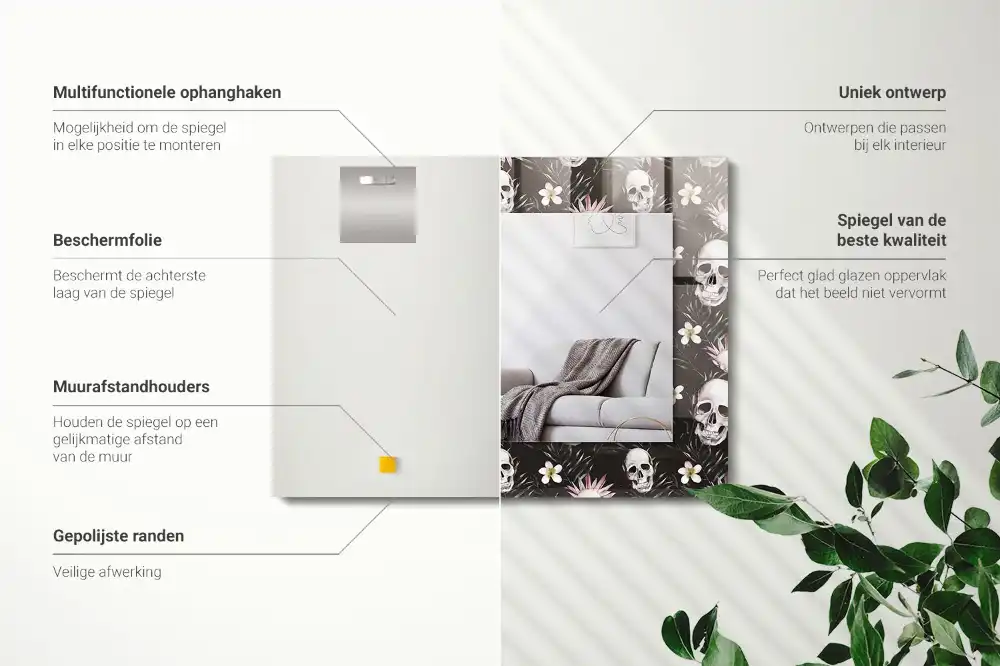 Pravokotne ogledalo s potiskanim okvirjem Lobanje in rože