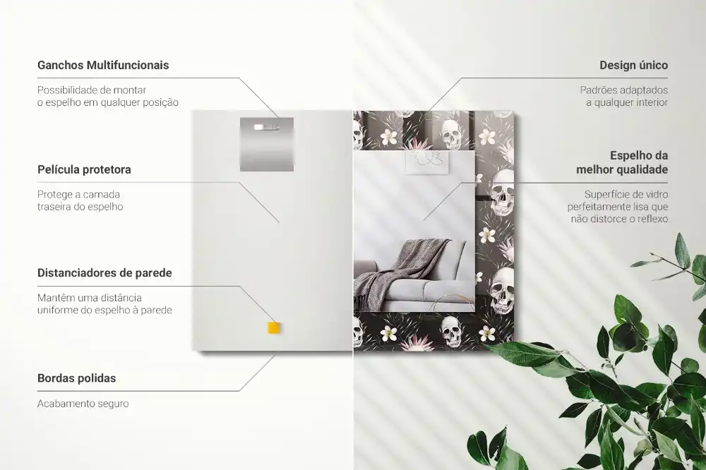 Pravokotne ogledalo s potiskanim okvirjem Lobanje in rože