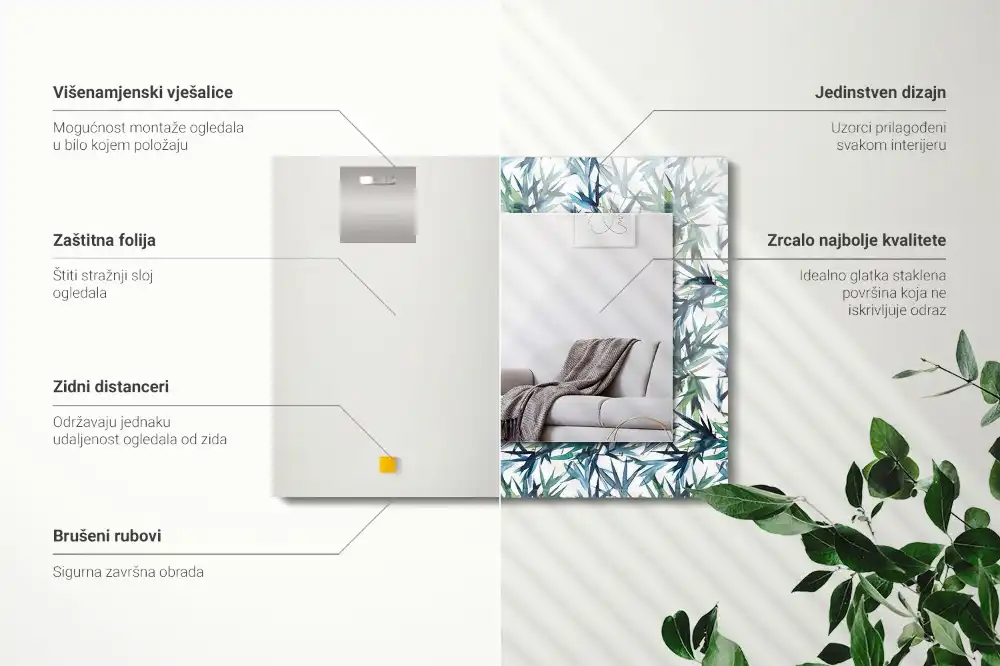 Pravokotne okrasno ogledalo Akvarelni bambusovi listi