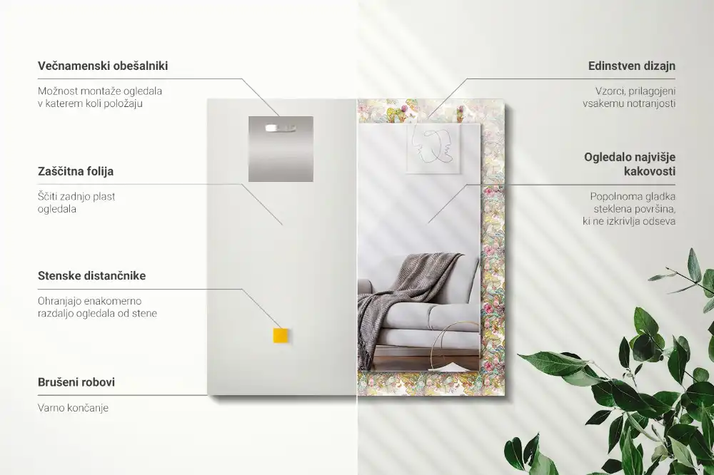 Pravokotne ogledalo s potiskanim okvirjem Barviti metulji, rože