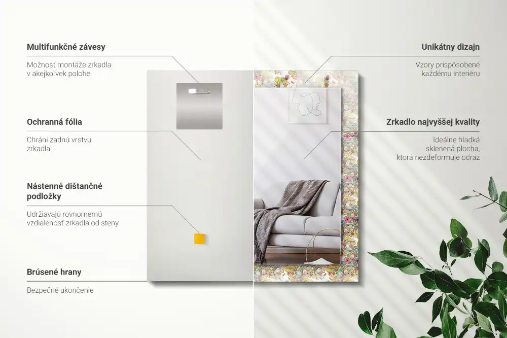 Pravokotne ogledalo s potiskanim okvirjem Barviti metulji, rože