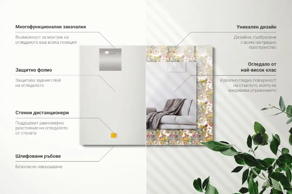 Pravokotne ogledalo s potiskanim okvirjem Barviti metulji, rože