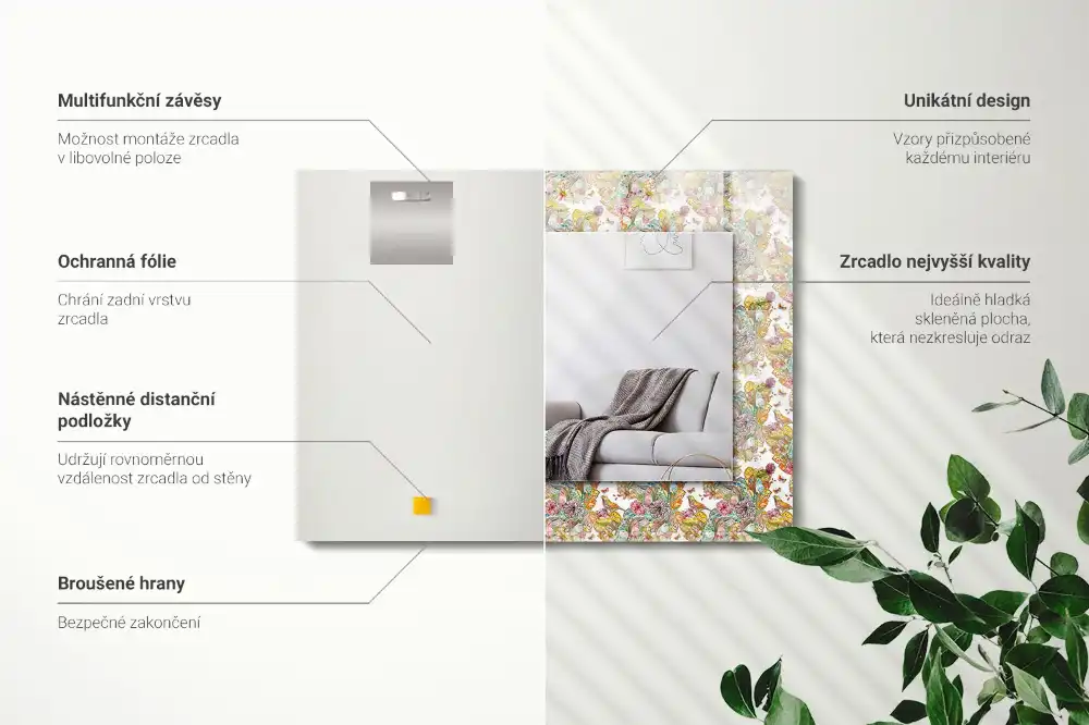 Pravokotne ogledalo s potiskanim okvirjem Barviti metulji, rože