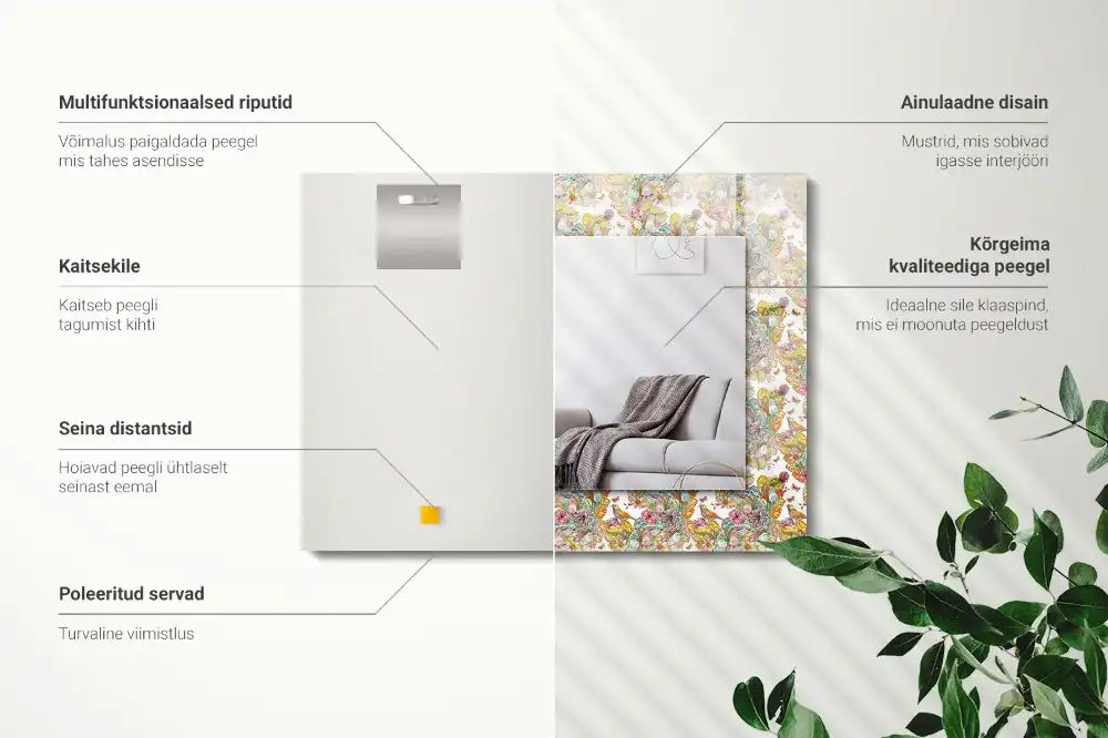 Pravokotne ogledalo s potiskanim okvirjem Barviti metulji, rože